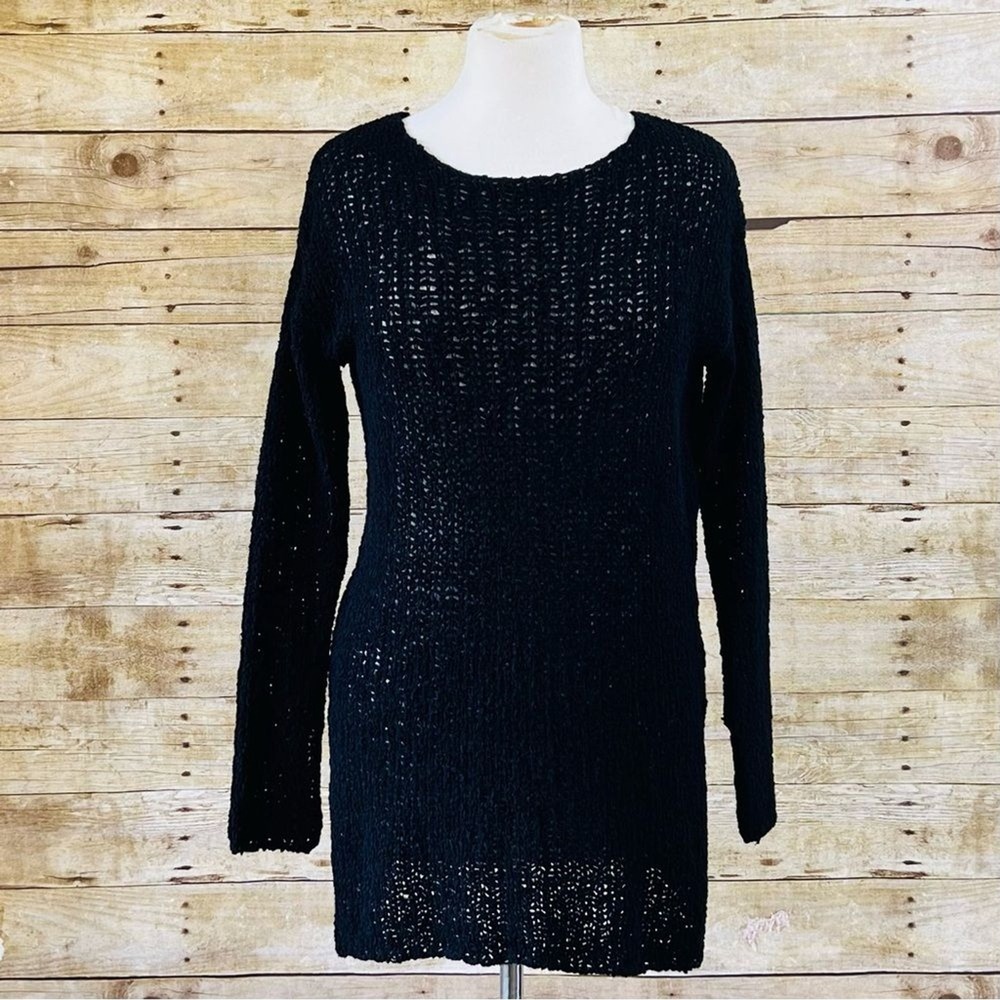 HM Black Open Knit Sweater Tunic Crew Neck Long‎ Sleeve Side Slit Womens XS